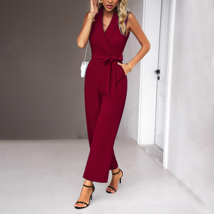 Fashion Casual Sleeveless Sexy V-Neck Solid Color Elegant Jumpsuit