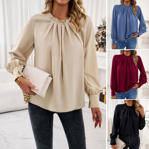 Women's Fashion Casual Elegant Lace Collar Long Sleeve Solid Color Top