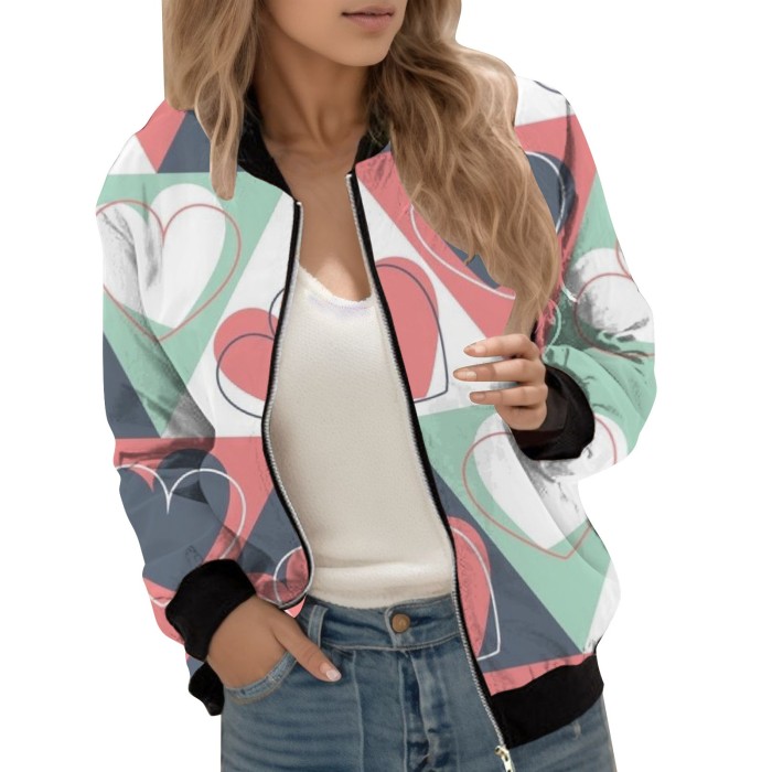 Women's Casual Classic Jacket Lightweight Zip Stand Collar Floral Print Jacket