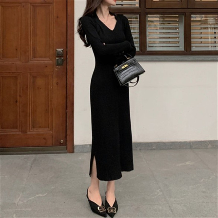 Women's Fashionable Elegant Sexy Long Sleeve Crossover Sweater Dress