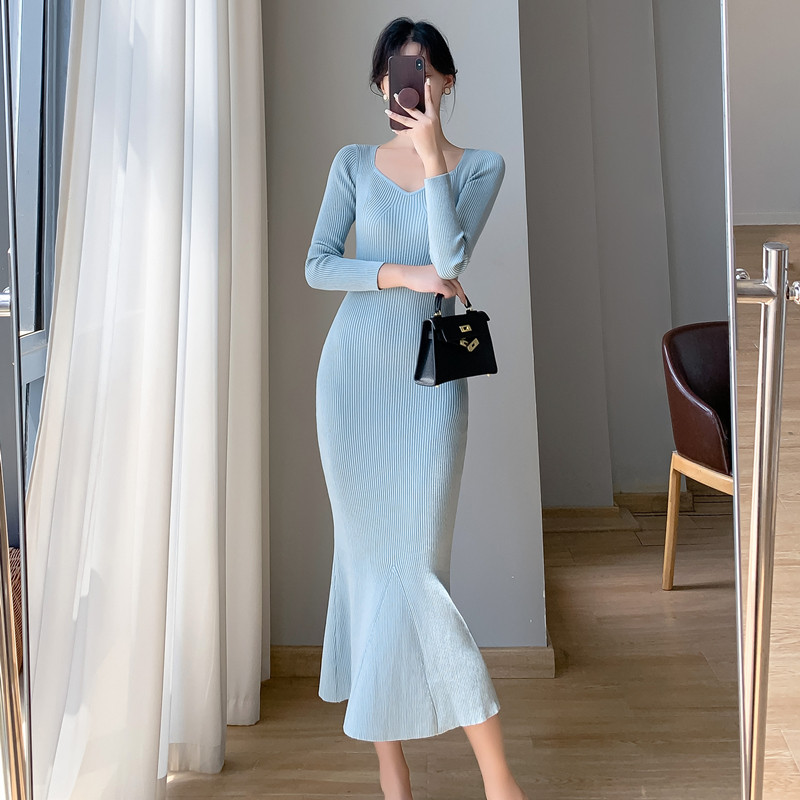Women's Fashionable Elegant Solid color Chic Fishtail Knitted Dress