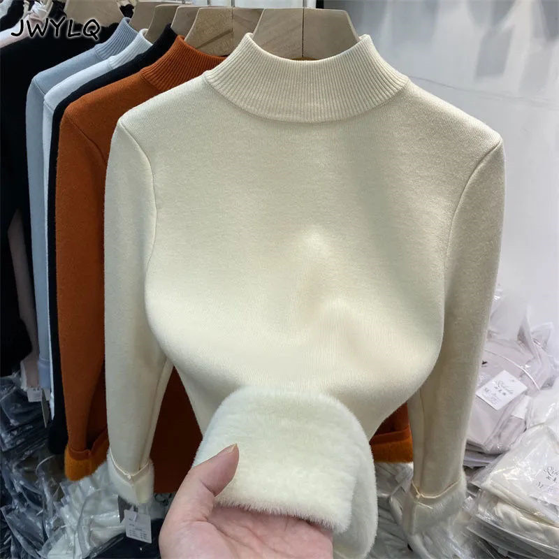 Fashionable High Neck Thick Knitted and Velvet Casual Sweater Tops