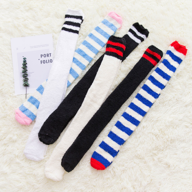 Cute Winter Striped Rainbow Stockings Girl Leg Warmer Thigh High Fuzzy Thick Socks