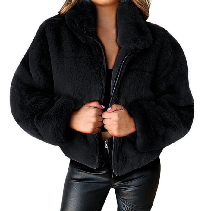 Women's Autumn Winter Faux Fur Short Coats Zipper Cardigan Plush Warm Coat