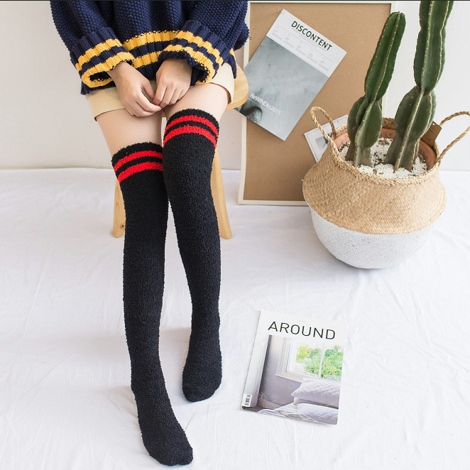 Cute Winter Striped Rainbow Stockings Girl Leg Warmer Thigh High Fuzzy Thick Socks