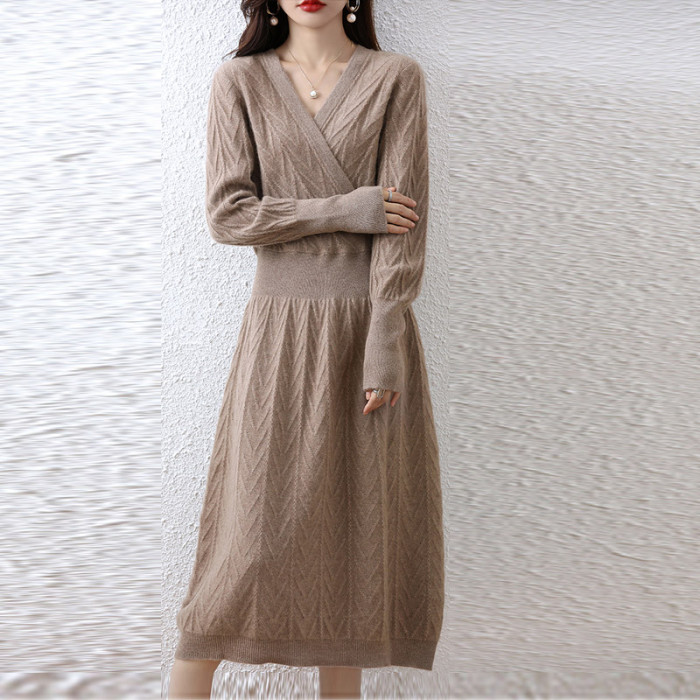 Women's Solid Color Knitted Fashion Crossover V-Neck Loose Wool  Casual Dress