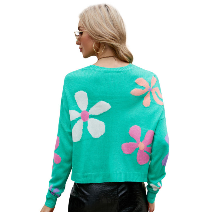 Women Cute Turtleneck Sweater Knitted Long Sleeve Sweaters  Sweet Flower Pullover