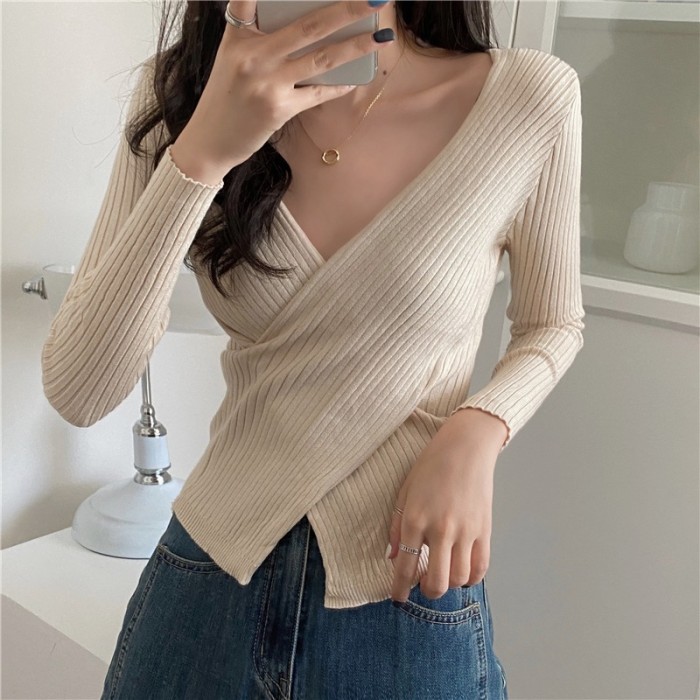 Women's Tops Fashion Tight Stretch Casual V-Neck Knitted Sweater