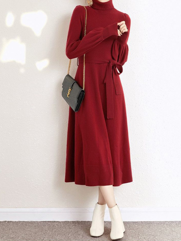 Fashionable Loose A-Line Knitted Turtleneck Balloon Sleeve Warm Casual Midi Dress
