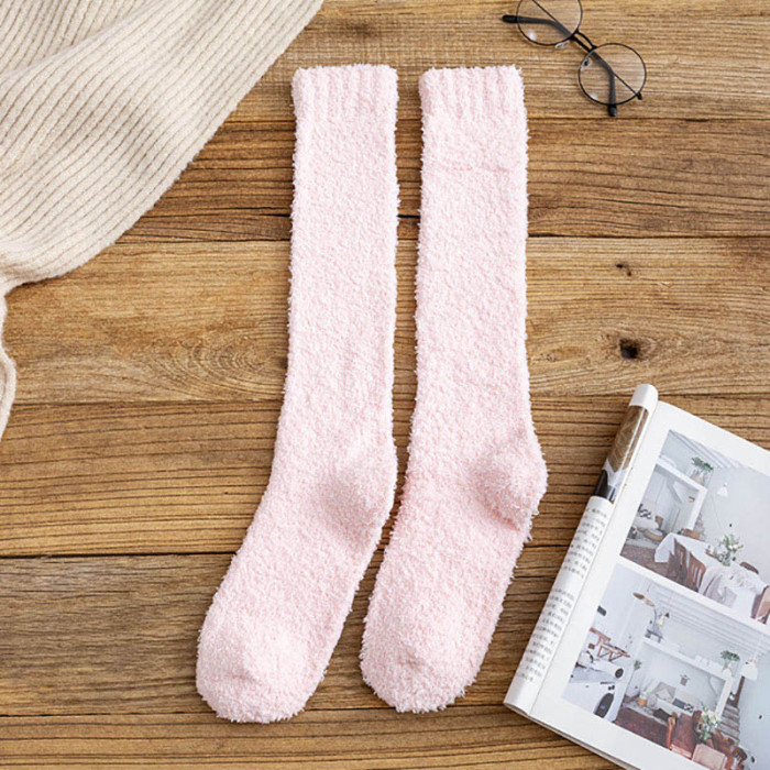 New Soft Coral Fleece Stockings Women Winter Solid Color Warm Thigh High Stockings Home Keep Warm Over Knee High Long Socks