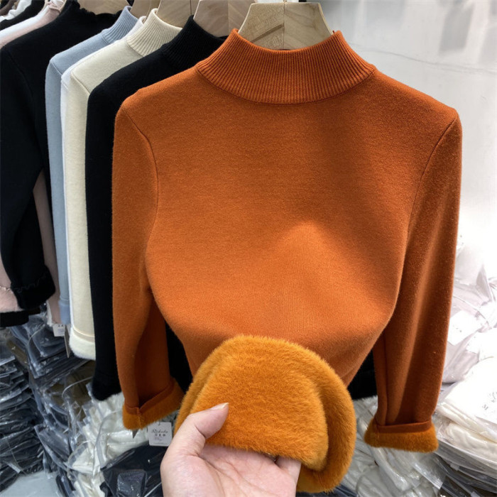 Fashionable High Neck Thick Knitted and Velvet Casual Sweater Tops