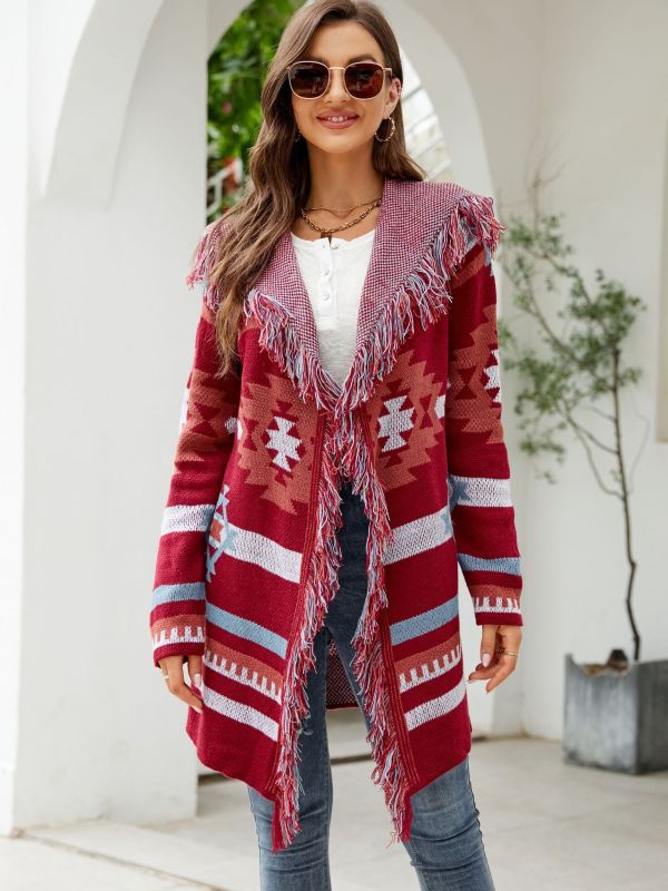 Women's Hooded Tassel Geometric Jacquard Loose Coat Casual Cardigan Sweater