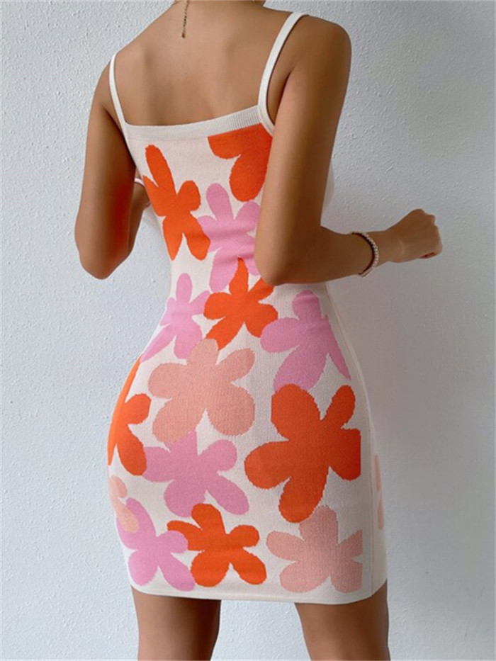 Women's Fashionable Floral Knitted Sleeveless Bodycon Party Mini Dress