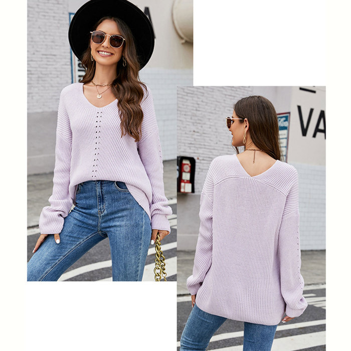 Women's Fashion Long Sleeve Knitted Sweater  Casual V-neck  Tops