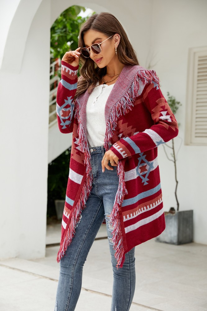 Women's Hooded Tassel Geometric Jacquard Loose Coat Casual Cardigan Sweater