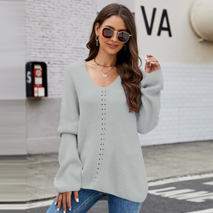 Women's Fashion Long Sleeve Knitted Sweater  Casual V-neck  Tops