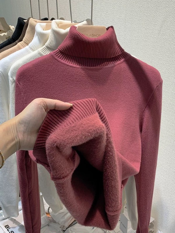 Women Elegant Thicken Velvet Lined Warm Sueter Knitted Pullover Slim Tops