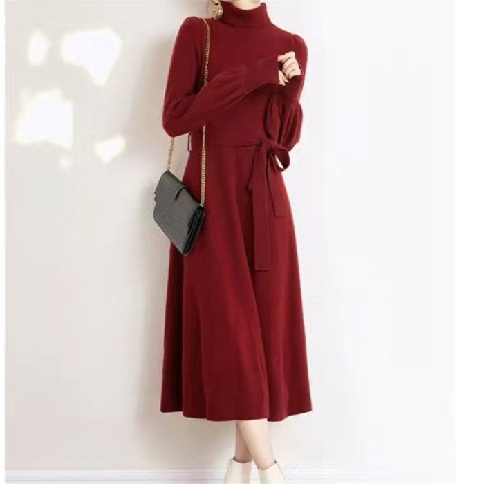 Fashionable Loose A-Line Knitted Turtleneck Balloon Sleeve Warm Casual Midi Dress