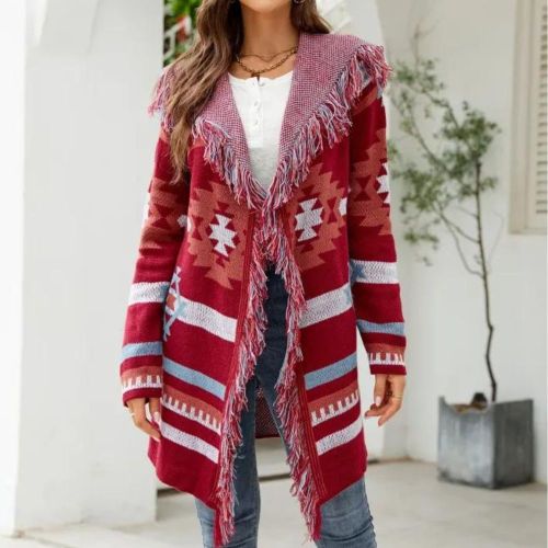 Women's Hooded Tassel Geometric Jacquard Loose Coat Casual Cardigan Sweater