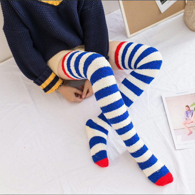 Cute Winter Striped Rainbow Stockings Girl Leg Warmer Thigh High Fuzzy Thick Socks