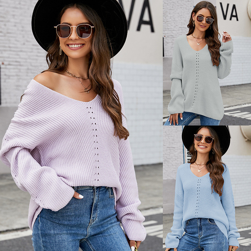 Women's Fashion Long Sleeve Knitted Sweater  Casual V-neck  Tops