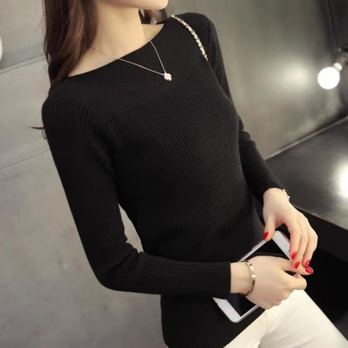 Women Ribbed Slash Neck Slim Sweater Knitted Office Sweaters Casual Solid Pullovers