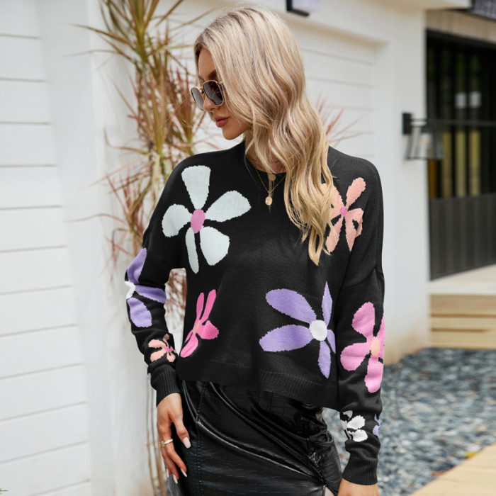 Women Cute Turtleneck Sweater Knitted Long Sleeve Sweaters  Sweet Flower Pullover