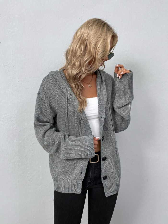 Women's Sweater Solid Color Hooded Casual Loose Fit Knitted Coat Cardigan