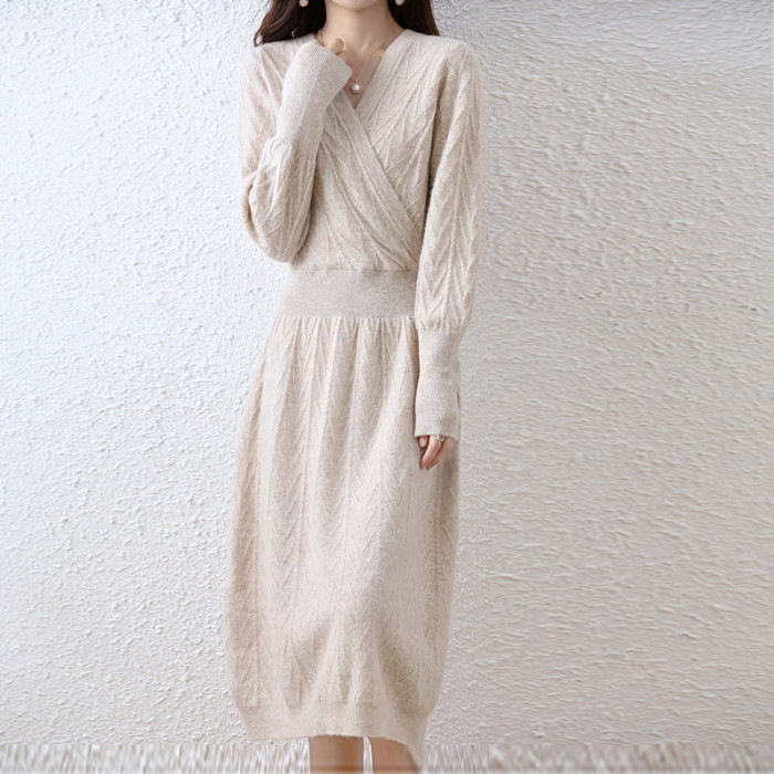 Women's Solid Color Knitted Fashion Crossover V-Neck Loose Wool  Casual Dress