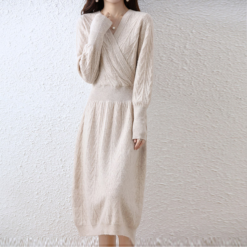 Women's Solid Color Knitted Fashion Crossover V-Neck Loose Wool  Casual Dress