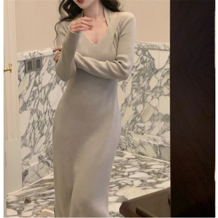 Women's Fashionable Elegant Sexy Long Sleeve Crossover Sweater Dress