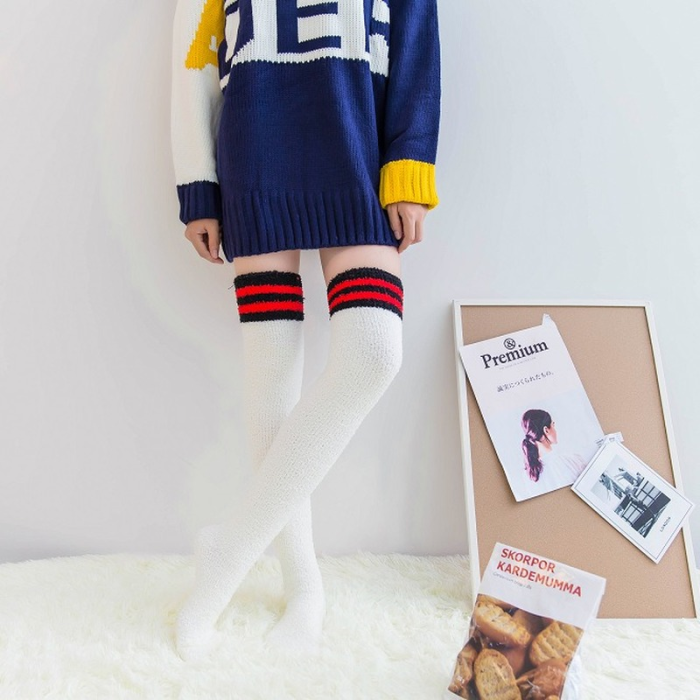 Cute Winter Striped Rainbow Stockings Girl Leg Warmer Thigh High Fuzzy Thick Socks