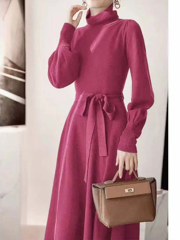 Fashionable Loose A-Line Knitted Turtleneck Balloon Sleeve Warm Casual Midi Dress