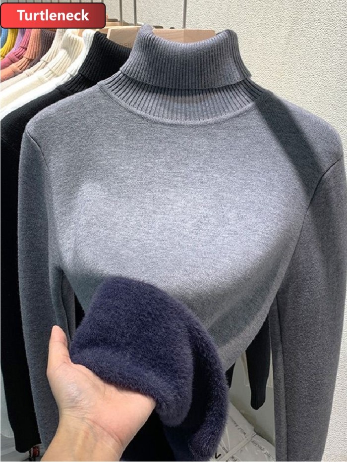 Women Elegant Thicken Velvet Lined Warm Sueter Knitted Pullover Slim Tops