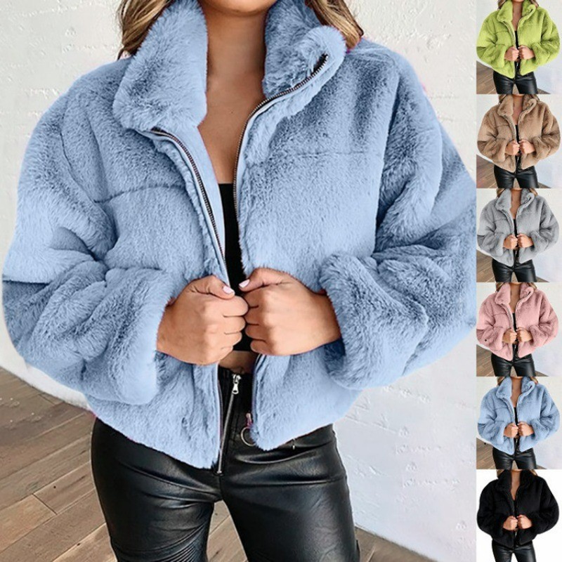 Women's Autumn Winter Faux Fur Short Coats Zipper Cardigan Plush Warm Coat