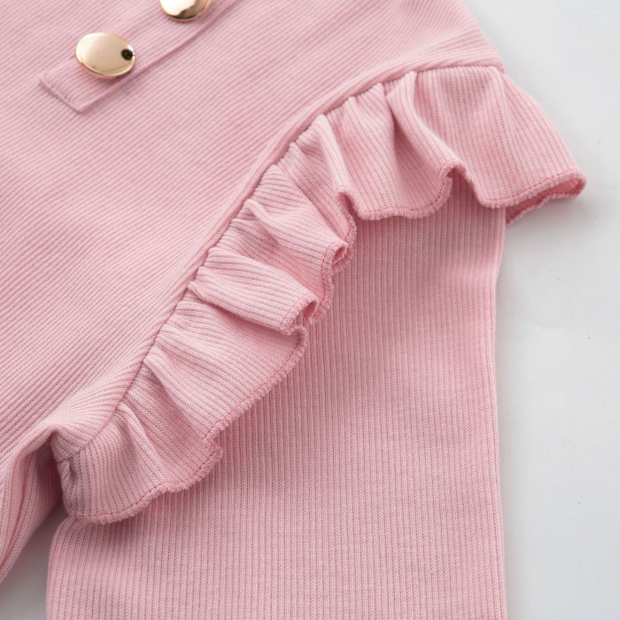 Women Blouse Long Sleeve Knitwear Rib Ruffle Buttons Blouse Basic Shirt