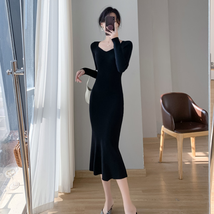 Women's Fashionable Elegant Solid color Chic Fishtail Knitted Dress