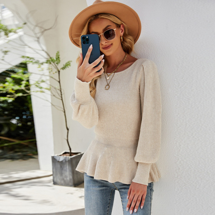 Women's Elegant Waist Lantern Sleeve Solid Color Knitted Sweater Top