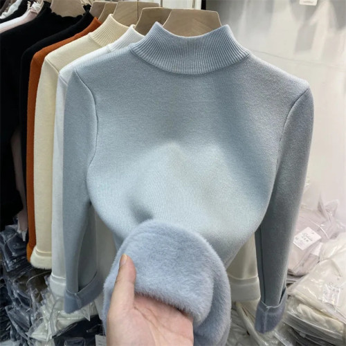 Fashionable High Neck Thick Knitted and Velvet Casual Sweater Tops