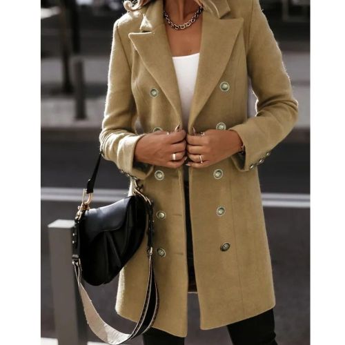 Plus Size Casual Coat, Women's Plus Solid Long Sleeve Double Breast Button Lapel Collar Longline Woolen Coat With Pockets