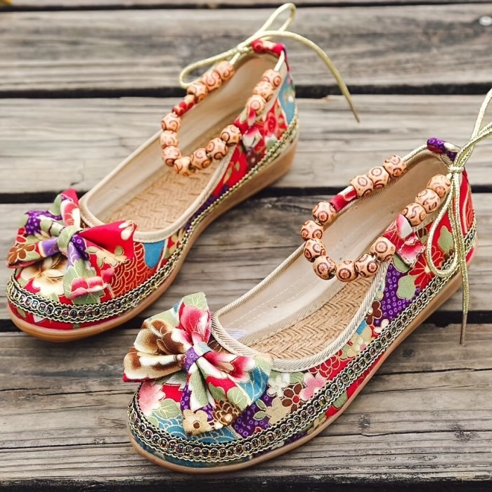 Women's Tribal Style Beading Flat Shoes, Retro Floral Print Bowknot Walking Shoes, Casual Soft Sole Shoes