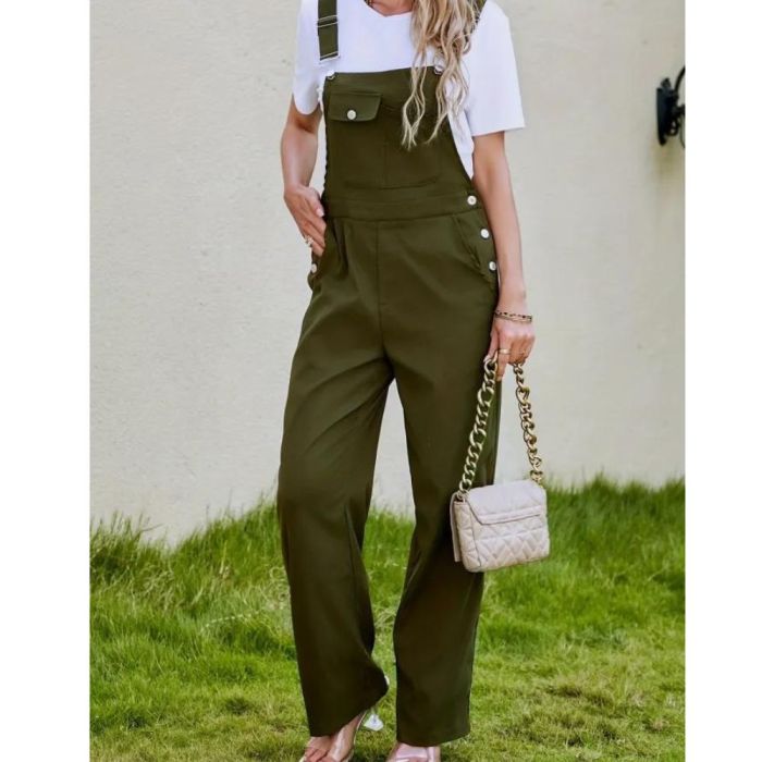 Solid Flap Pocket Overall Jumpsuit, Casual Button Overall Jumpsuit For Spring & Fall, Women's Clothing