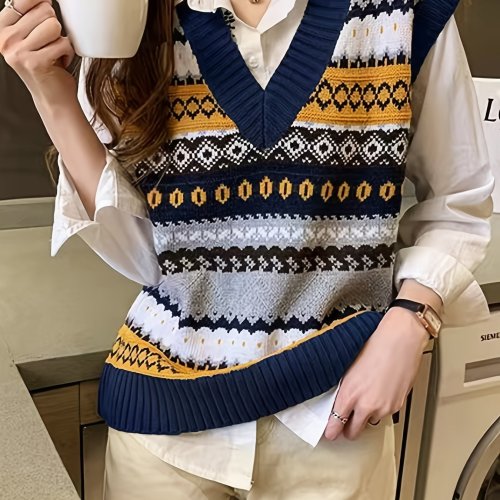 Geo Pattern V-neck Sweater Vest,  Vintage Sweater Vest For Fall & Winter, Women's Clothing