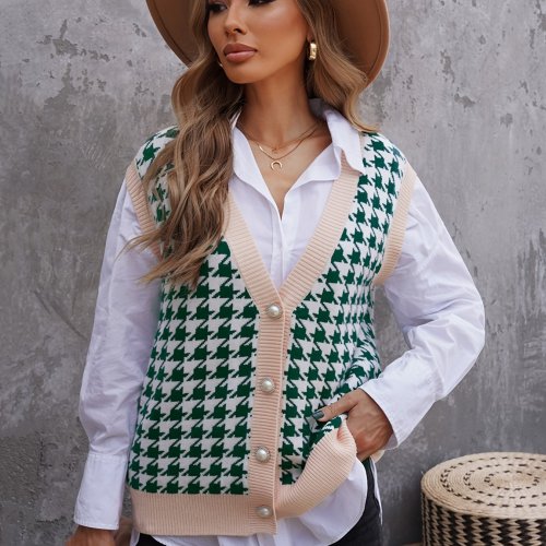 Houndstooth Loose Sweater Vests, Casual V-Neck Sleeveless Fall Winter Knit Sweater Vest, Women's Clothing