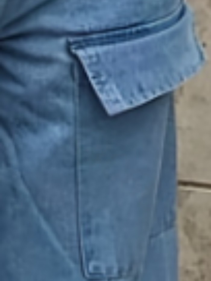 Mid Rise Flap Pocket Cargo Jeans, Washed Blue Loose Solid Color Wide Leg Denim Pants, Women's Denim Jeans & Clothing