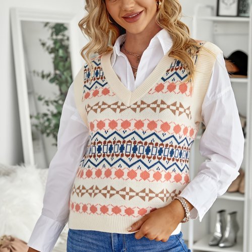Tribal Print Sweater Vests, Casual V-Neck Sleeveless Fall Winter Knit Sweater Vest, Women's Clothing