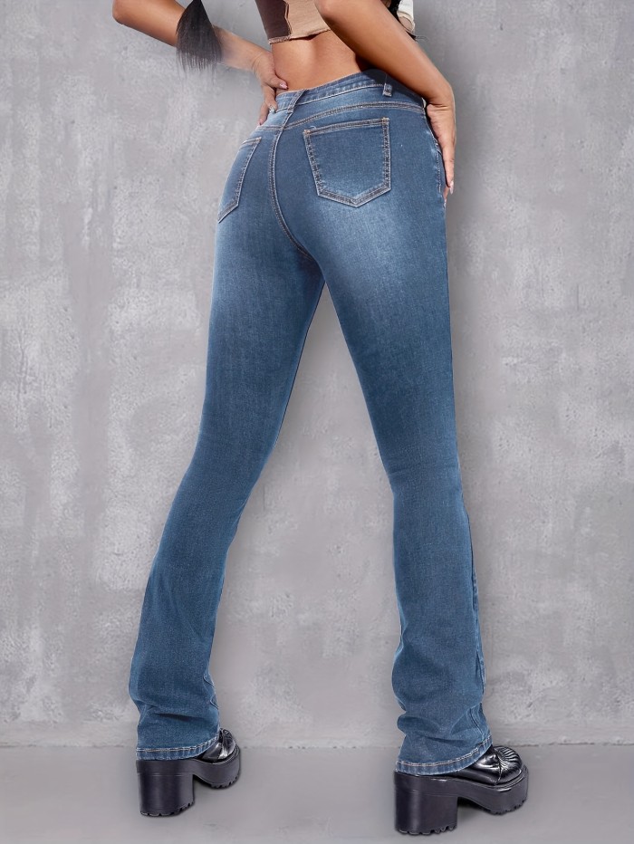 Blue Faux Pearl Bootcut Jeans, Mid-Stretch Slant Pockets Slim Fit Denim Trousers, Women's Denim Jeans & Clothing