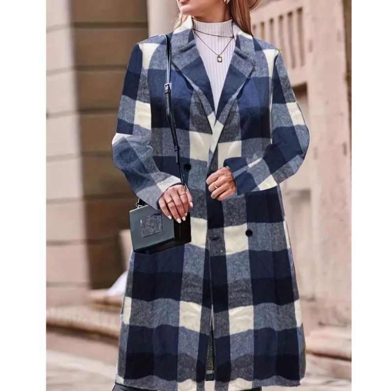 Plus Size Casual Trench Coat, Women's Plus Plaid Print Double Breasted Long Sleeve Lapel Collar Long Trench Coat