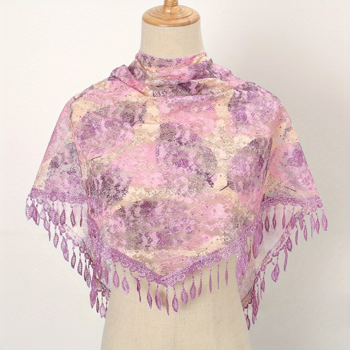 Boho Lace Triangle Shawl Elegant Flower Print Hollow Windproof Wrap Classic Women Outdoor Shawls Accessories