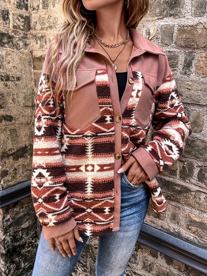 Aztec Pattern Teddy Jacket, Casual Button Front Long Sleeve Outerwear, Women's Clothing